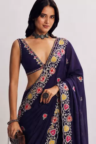 Navy blue floral embroidered satin heavy work saree