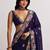 Navy blue floral embroidered satin heavy work saree