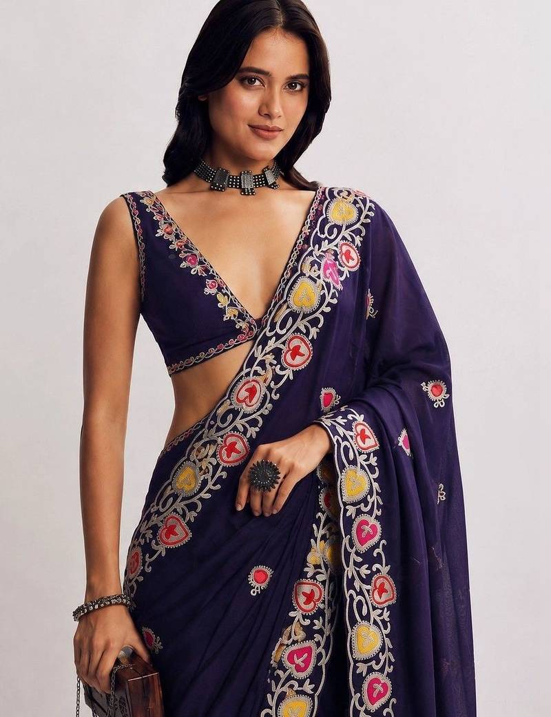Navy blue floral embroidered satin heavy work saree
