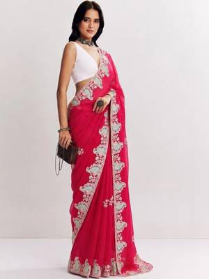 Pink women paisley embroidered satin saree 1