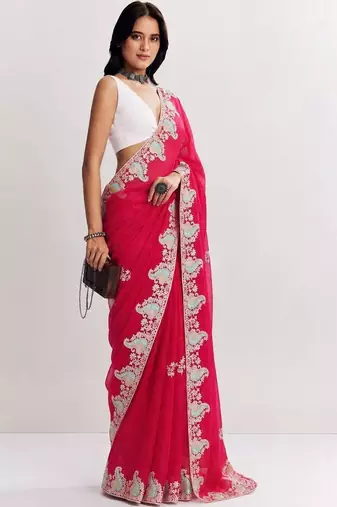 Pink women paisley embroidered satin saree