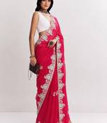 Pink women paisley embroidered satin saree
