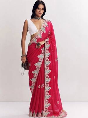 Pink women paisley embroidered satin saree 2