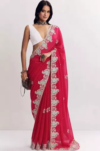 Pink women paisley embroidered satin saree