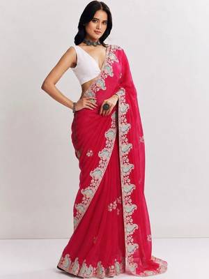 Pink women paisley embroidered satin saree 3