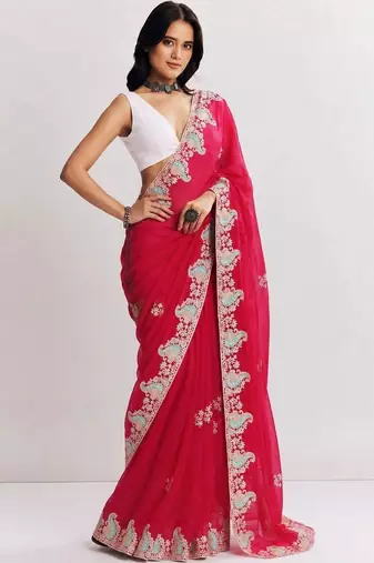 Pink women paisley embroidered satin saree