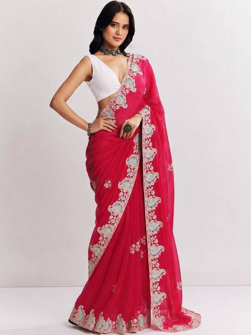 Pink women paisley embroidered satin saree
