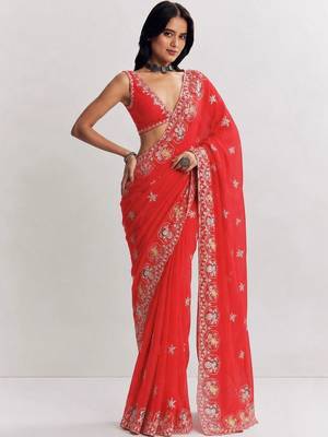 Red ethnic motifs embroidered satin heavy work saree 1