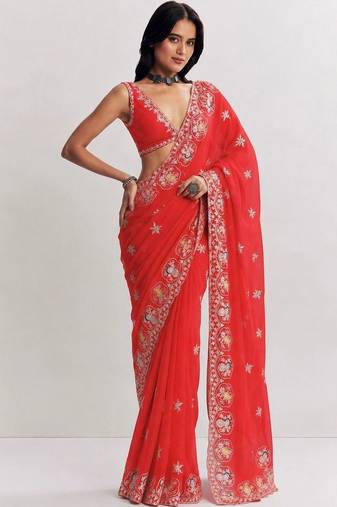Red ethnic motifs embroidered satin heavy work saree