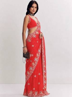 Red ethnic motifs embroidered satin heavy work saree 2
