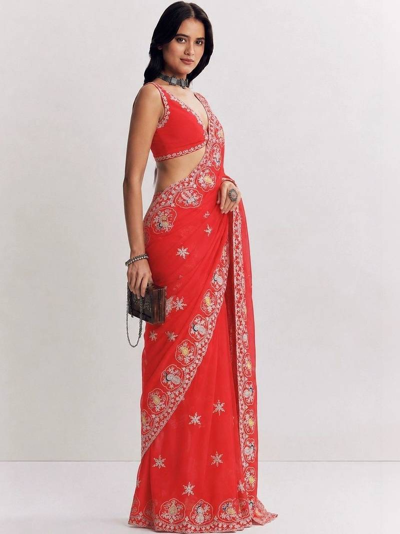 Red ethnic motifs embroidered satin heavy work saree