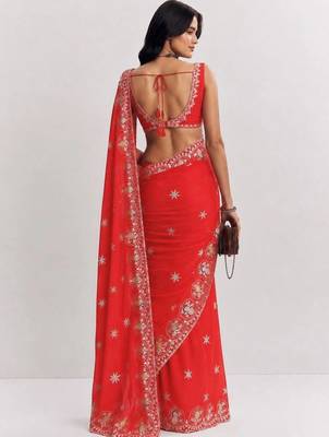 Red ethnic motifs embroidered satin heavy work saree 3