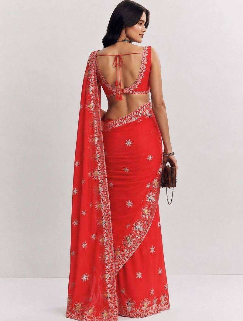 Red ethnic motifs embroidered satin heavy work saree
