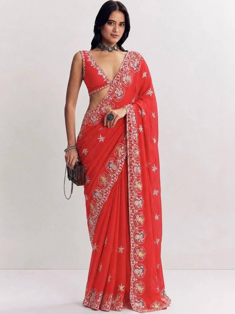 Red ethnic motifs embroidered satin heavy work saree