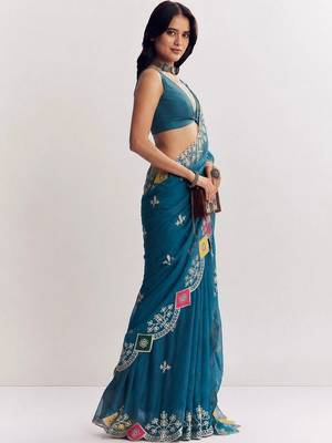 Teal ethnic motifs embroidered satin designer saree 2