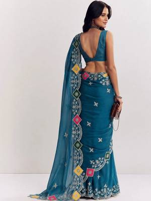 Teal ethnic motifs embroidered satin designer saree 3