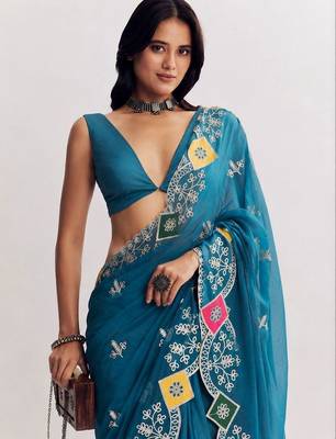 Teal ethnic motifs embroidered satin designer saree 4