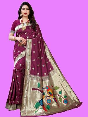 Purple purple paithani woven design saree and has a zari border blouse piece 1
