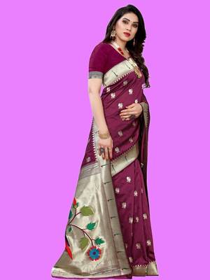 Purple purple paithani woven design saree and has a zari border blouse piece 2