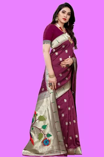 Purple purple paithani woven design saree and has a zari border blouse piece
