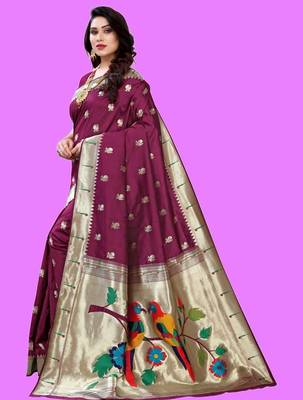 Purple purple paithani woven design saree and has a zari border blouse piece 3