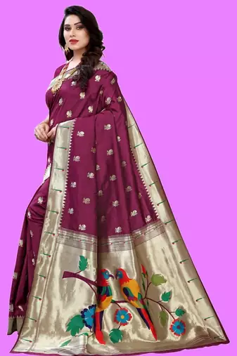 Purple purple paithani woven design saree and has a zari border blouse piece