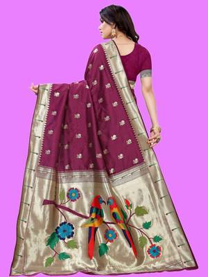Purple purple paithani woven design saree and has a zari border blouse piece 4