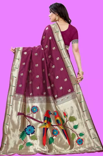 Purple purple paithani woven design saree and has a zari border blouse piece