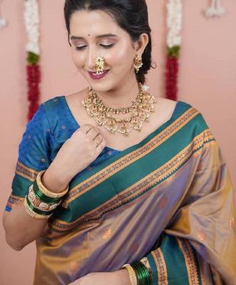 Multicolor woven design zari art silk narayan peth saree 4