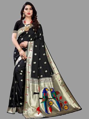 Black black paithani woven design saree and has a zari border blouse piece 1