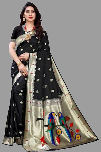 Black black paithani woven design saree and has a zari border blouse piece