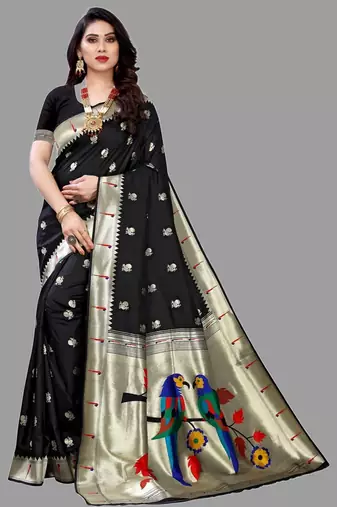 Black black paithani woven design saree and has a zari border blouse piece