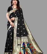 Black black paithani woven design saree and has a zari border blouse piece