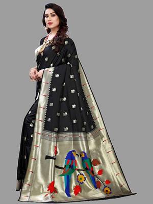 Black black paithani woven design saree and has a zari border blouse piece 2