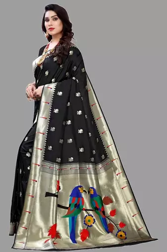 Black black paithani woven design saree and has a zari border blouse piece