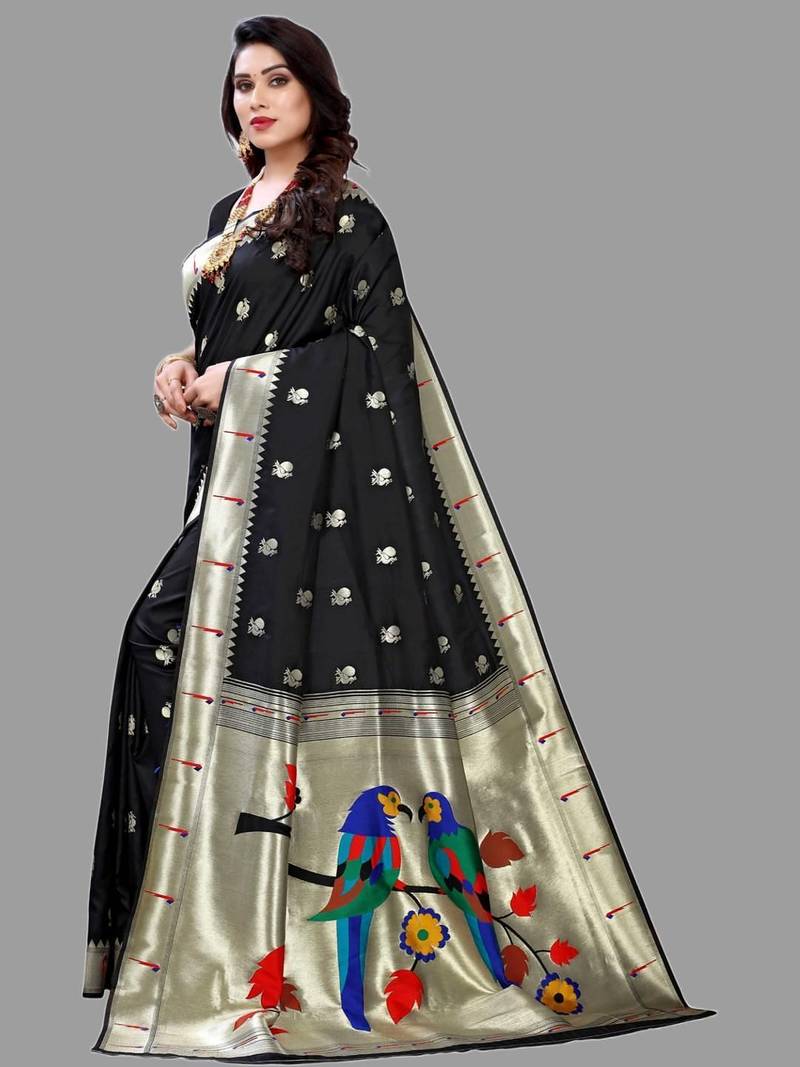 Black black paithani woven design saree and has a zari border blouse piece