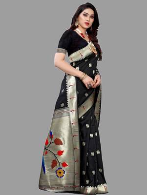 Black black paithani woven design saree and has a zari border blouse piece 3