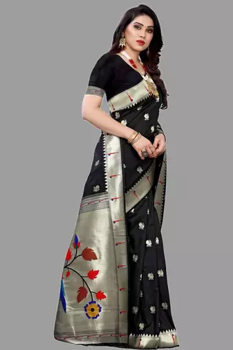 Black black paithani woven design saree and has a zari border blouse piece