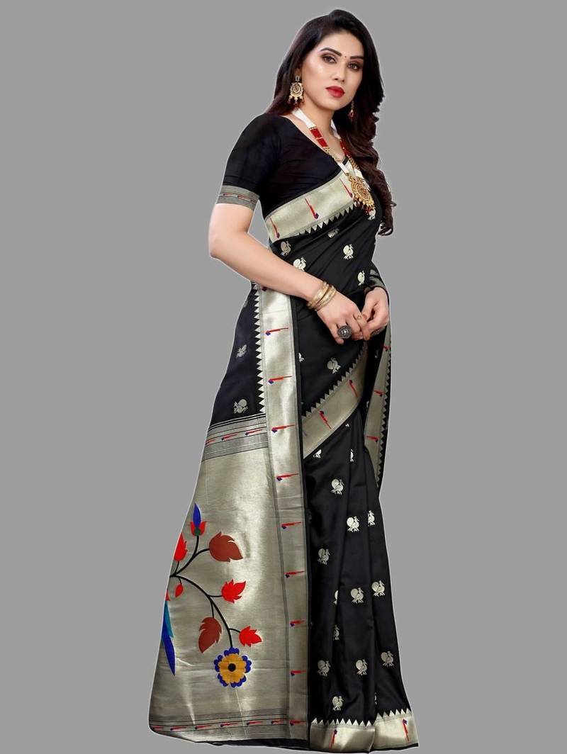 Black black paithani woven design saree and has a zari border blouse piece