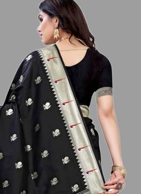 Black black paithani woven design saree and has a zari border blouse piece 4