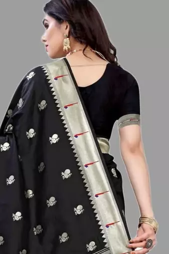 Black black paithani woven design saree and has a zari border blouse piece
