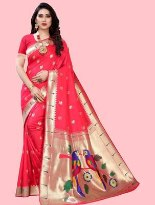 Peach peach paithani woven design saree and has a zari border blouse piece 1