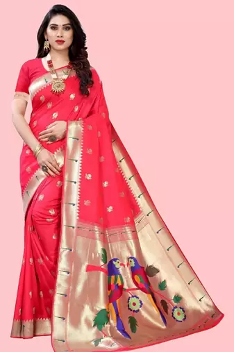Peach peach paithani woven design saree and has a zari border blouse piece