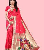 Peach peach paithani woven design saree and has a zari border blouse piece