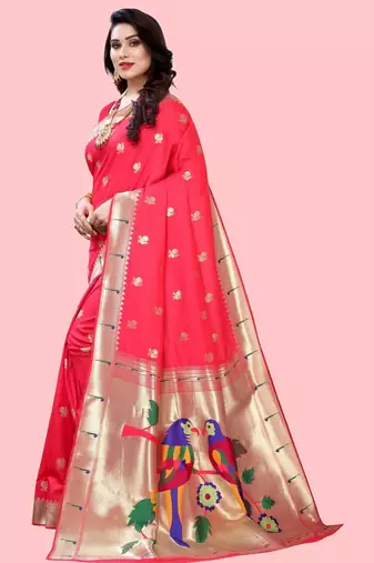 Peach peach paithani woven design saree and has a zari border blouse piece