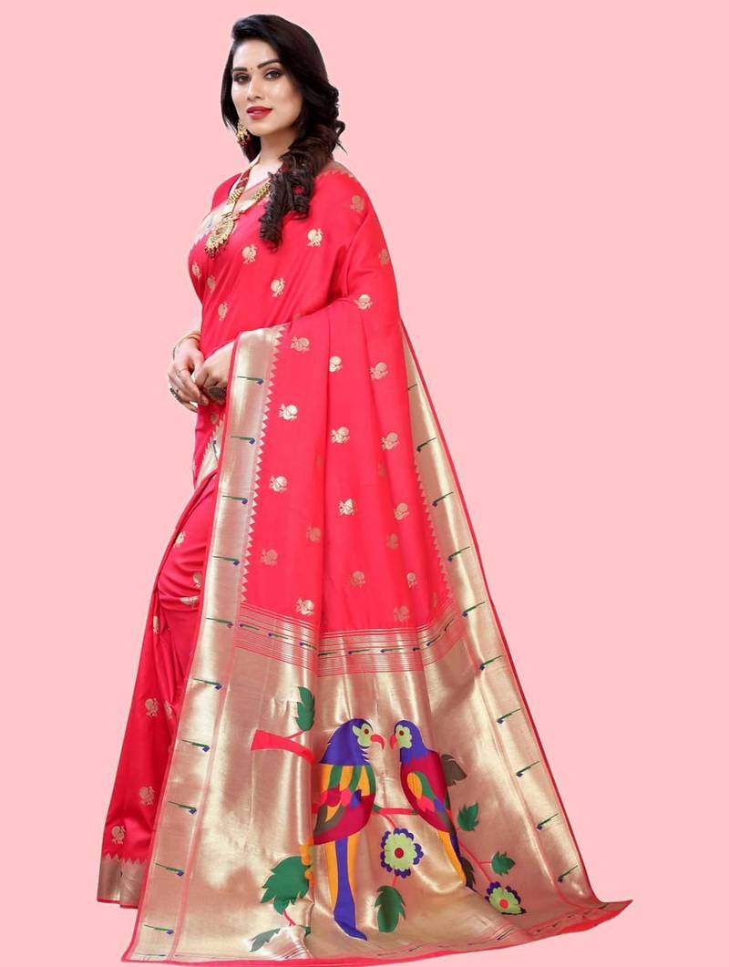 Peach peach paithani woven design saree and has a zari border blouse piece