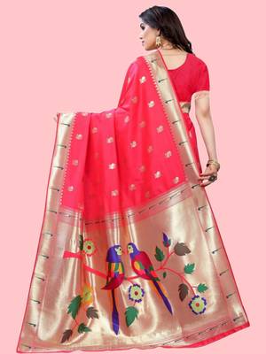 Peach peach paithani woven design saree and has a zari border blouse piece 3