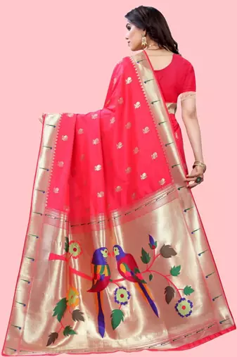 Peach peach paithani woven design saree and has a zari border blouse piece