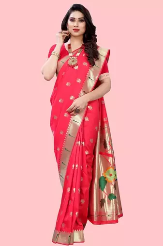 Peach peach paithani woven design saree and has a zari border blouse piece