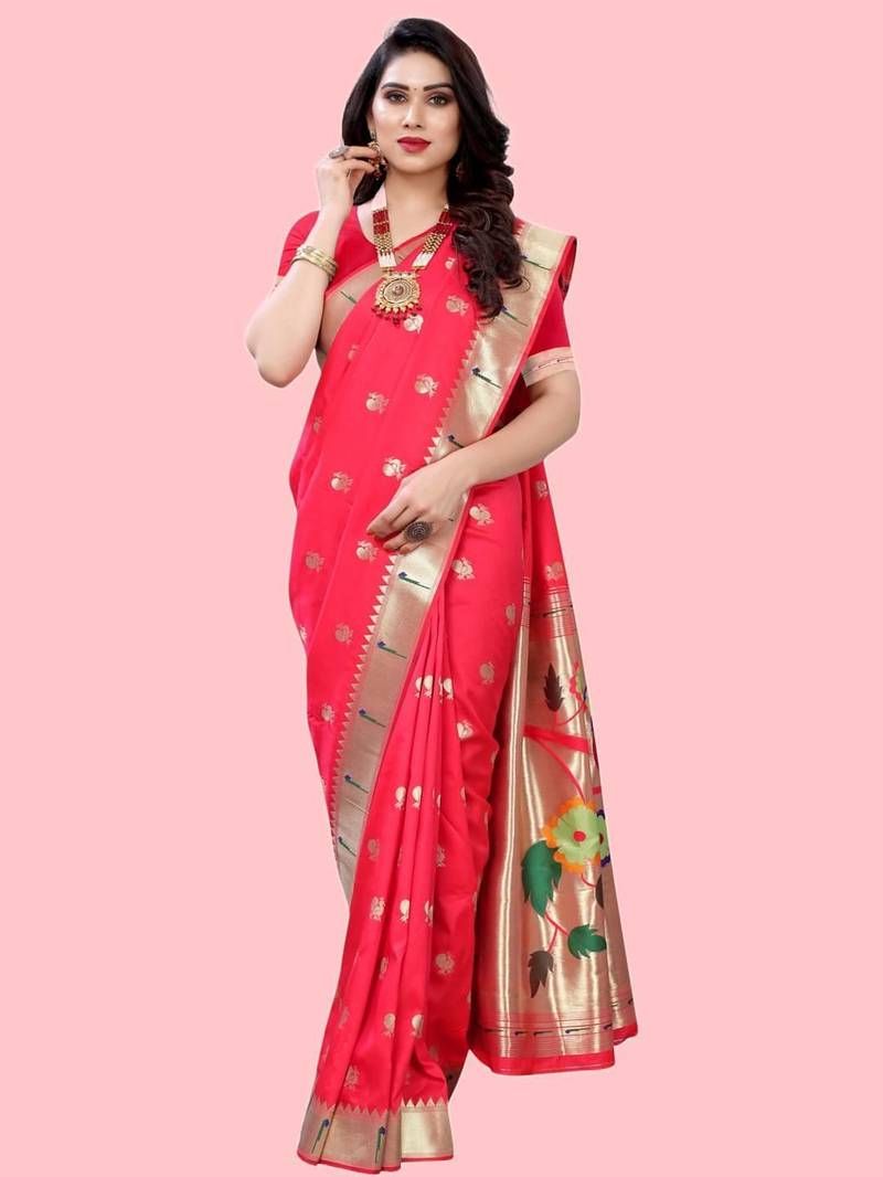 Peach peach paithani woven design saree and has a zari border blouse piece